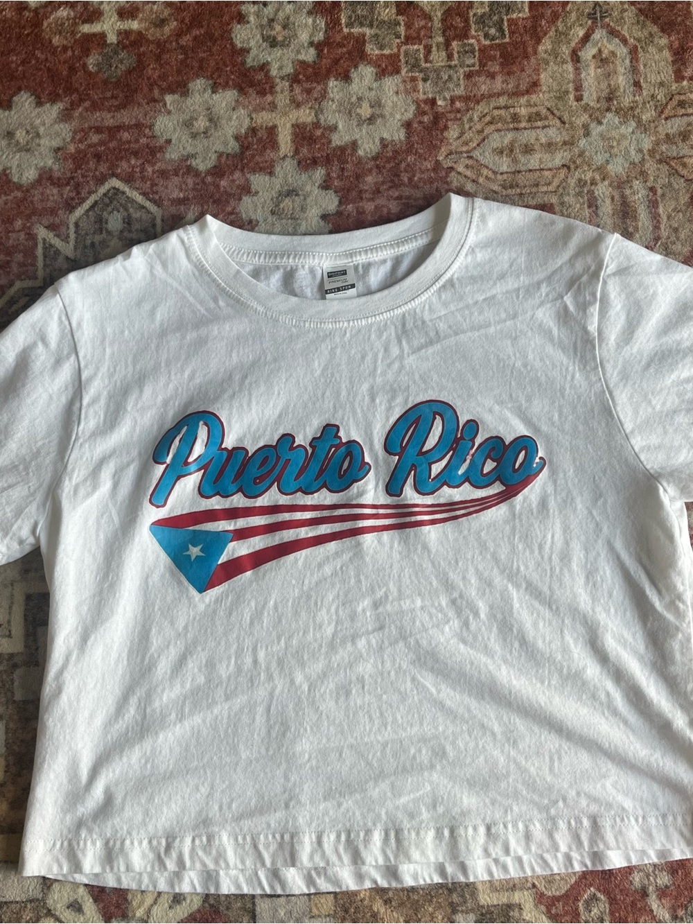 SHEIN White Crop Top with Blue and Red Puerto Rico Graphic